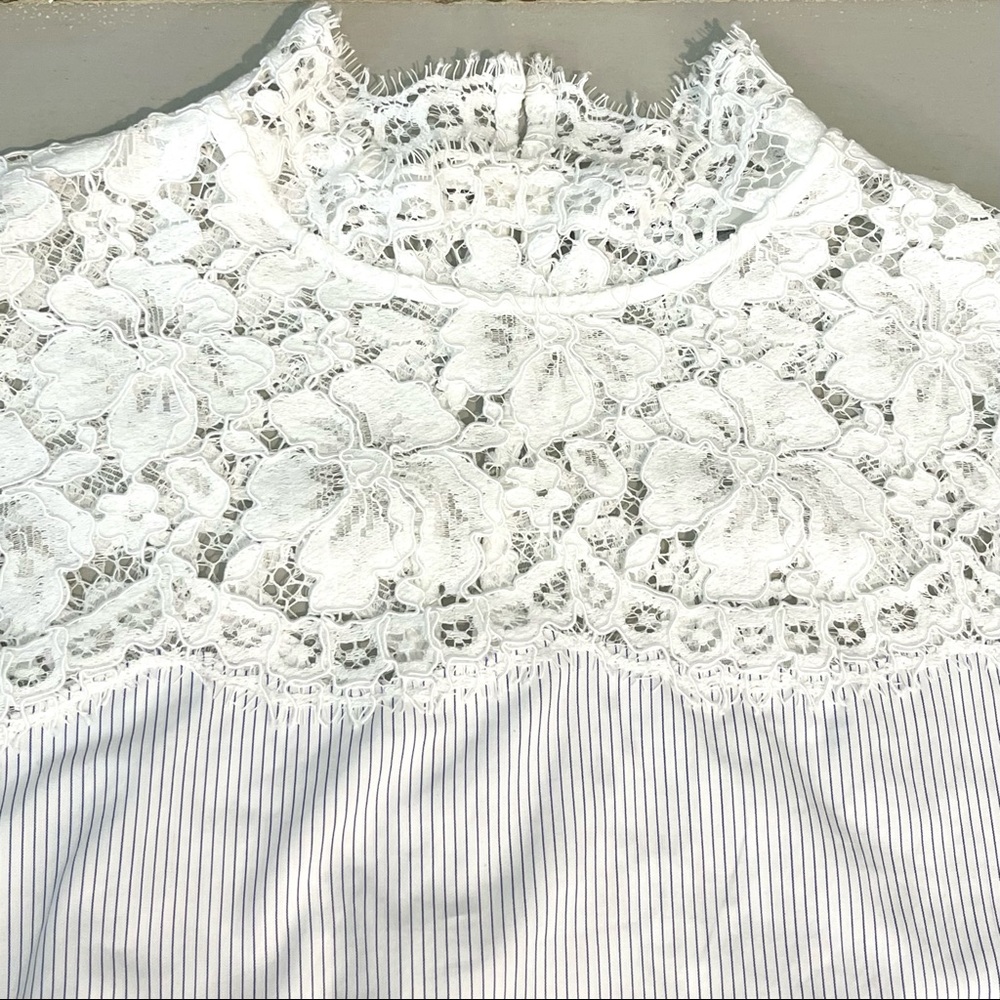 SANDRO | 🤍 White Lace Mock Neck Blouse w/ Thin Pinstripe Panel | Size 1 (Small) - Picture 8 of 16